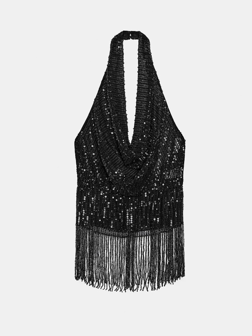 Zara Black Sequin Fringe Halter Top